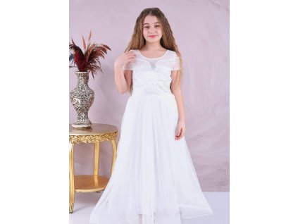 Dievčenské dlhé biele spoločenské šaty s trblietavým vrchom 22956