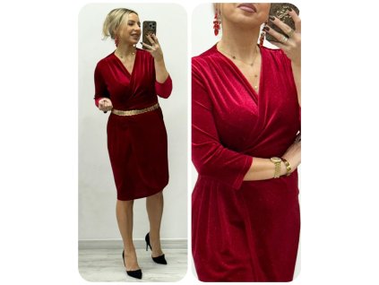 Elegantné červené lesklé šaty s prekríženým výstrihom a 3/4 rukávom 23017