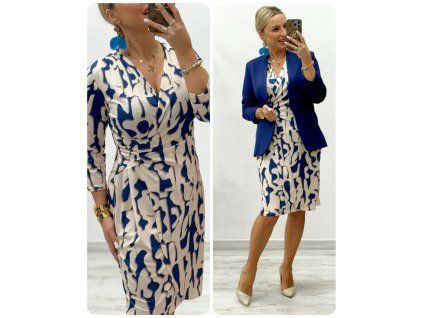 Elegantné béžové šaty s modro-hnedým vzorom a prekríženým výstrihom 22812