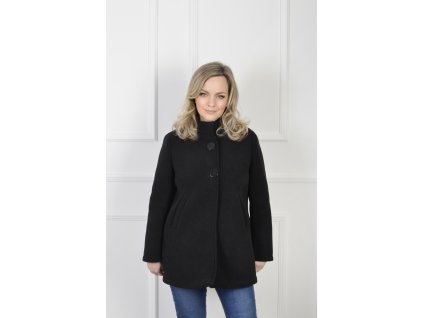 Elegantný dámsky čierny štruktúrovaný kabát s vysokým golierom 22298