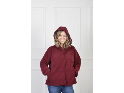 Dámsky krátky bordový štruktúrovaný kabát s kapucňou 22302