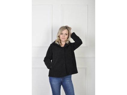 Dámsky krátky čierny štruktúrovaný kabát s kapucňou 22303