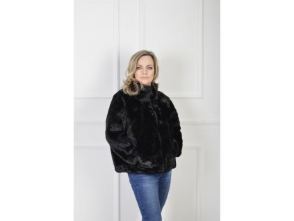 Elegantný dámsky kožušinový kabát v čiernej farbe 22910