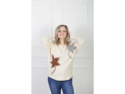 Dámsky krémový pulóver s umeleckým motívom listov 22743
