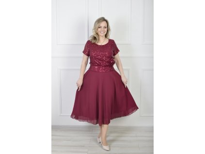 Elegantné spoločenské midi bordové šaty s flitrovaným topom 22897