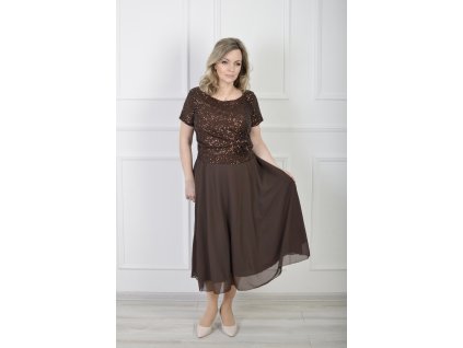 Elegantné spoločenské midi hnedé šaty s flitrovaným topom 22896