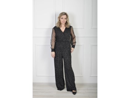 Elegantný spoločenský overal s trblietavým efektom a tylovými rukávmi 22655