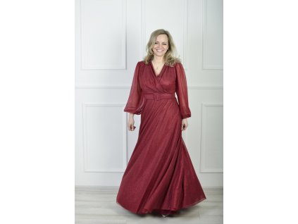 Dlhé spoločenské bordové šaty s trblietavým efektom a šifónovými rukávmi 22720