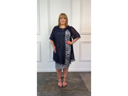 Dámske modro-biele krátke vzorovaná šaty s mušelínom 23091