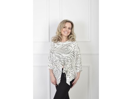 Elegantná krémová blúzka s abstraktným zeleným vzorom a viazaním 22849