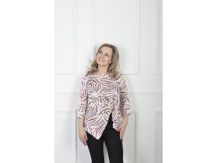 Elegantná krémová blúzka s abstraktným bordovým vzorom a viazaním 22850