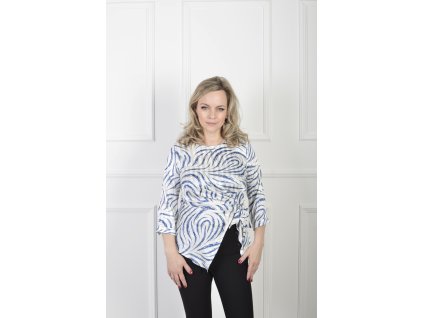 Elegantná krémová blúzka s abstraktným modrým vzorom a viazaním 22853