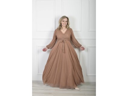 Elegantné hnedé dlhé trblietavé šaty s prekladaným výstrihom 22660