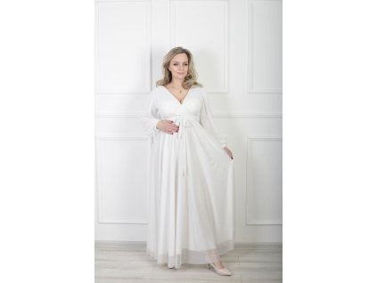 Elegantné biele dlhé trblietavé šaty s prekladaným výstrihom 22659