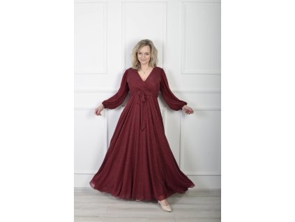 Elegantné bordové dlhé trblietavé šaty s prekladaným výstrihom 22661