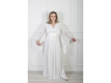 Éterické biele spoločenské šaty s prekladaným výstrihom 22714