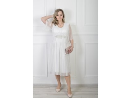 Elegantné midi spoločenské šaty s jemným trblietaním a zdobeným pásom 22608