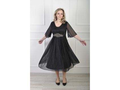 Čierne midi spoločenské šaty s jemným trblietaním a zdobeným pásom 22607