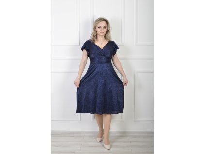 Elegantné tmavomodré trblietavé midi šaty so zavinovacím výstrihom 22624