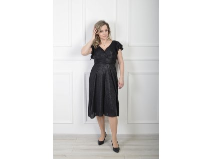 Elegantné čierne trblietavé midi šaty so zavinovacím výstrihom 22623