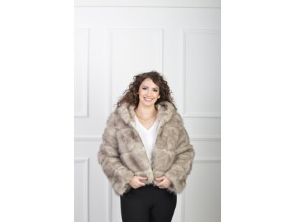 Krátky béžový kožúšok s kapucňou z umelej kožušiny 23008