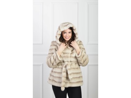 Elegantný kožušinový kabát s kapucňou a viazaním 22903