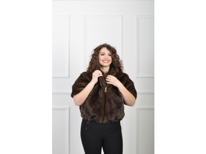 Luxusné tmavohnedé kožušinové bolero s kapucňou 22976