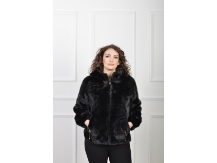 Dámsky hebký čierny kožušinový kabát s kapucňou 22912