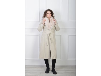 Elegantný krémový kabát s kožušinovým golierom a viazaním 23053
