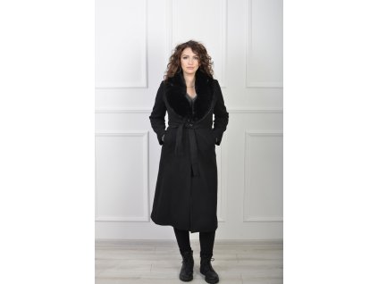 Elegantný dámsky kabát s kožušinovým golierom a opaskom 23047