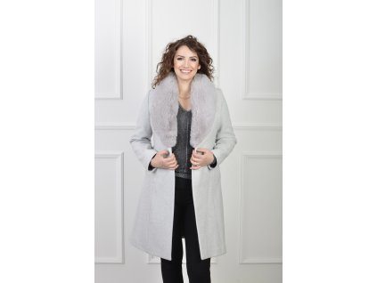 Dámsky sivý kabát s odnímateľným kožušinovým golierom 23050