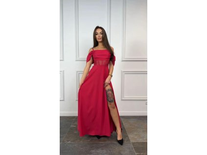 Elegantné červené spoločenské šaty s rozparkom 23167