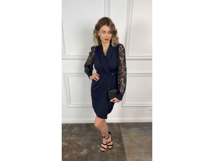 Tmavomodré štýlové šaty s čipkovými rukávmi 23165