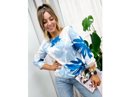Výrazná modro-biela kvetinová blúzka s dlhým rukávom 23171