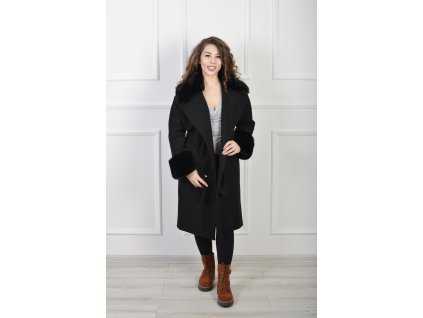 Elegantný čierny kabát s kožušinovým golierom 23051