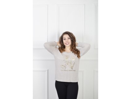 Dámsky béžový pulóver s kvetinovým motívom 23101