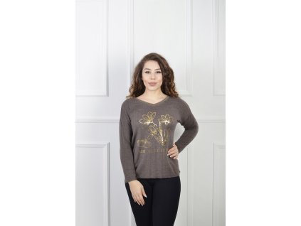 Dámsky hnedý pulóver s kvetinovým motívom 23102