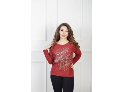 Dámsky červený pulóver s leopardím vzorom a metalickým efektom 23099