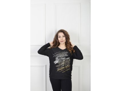 Dámsky čierny pulóver s leopardím vzorom a metalickým efektom 23100