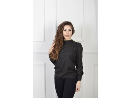 Elegantná dámska  čierna blúzka s ozdobnými gombíkmi na ramene 22998