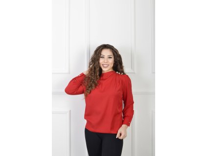 Elegantná dámska červená blúzka s ozdobnými gombíkmi na ramene 22997