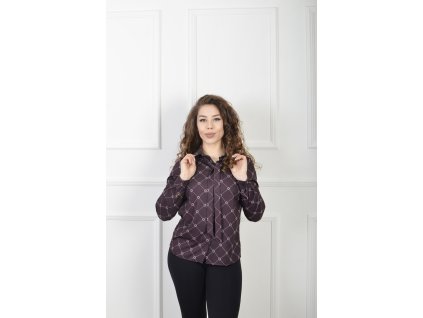 Dámska tmavohnedá vzorovaná blúzka s viazaním pri krku 23002