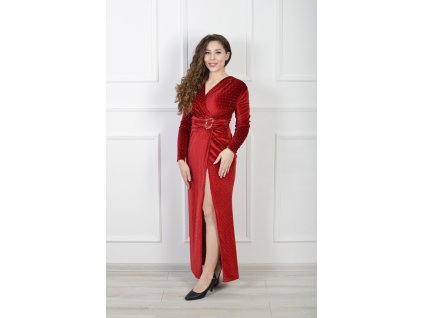 Elegantné zamatové maxi šaty červenej farby so zlatou sponou 23087