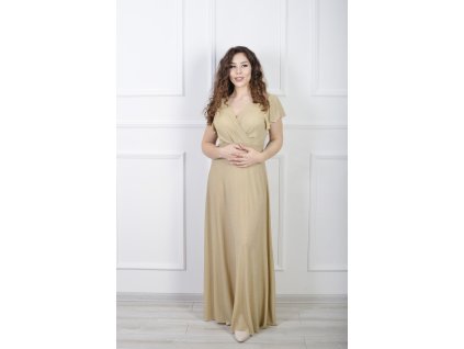 Trblietavé béžové šaty s prekladaným výstrihom 23083