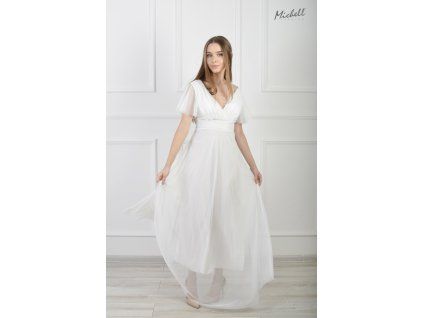 Dlhé biele spoločenské šaty s tylovými rukávmi 23133