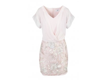 krátke bledoružové šaty s čipkovanou sukňou