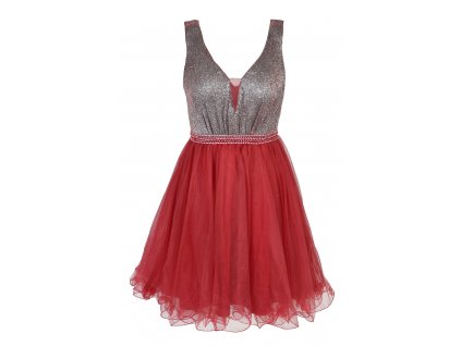 krátke červené šaty na ramienka s tylovou sukňou