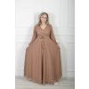 Elegantné hnedé dlhé trblietavé šaty s prekladaným výstrihom 22660