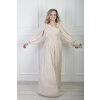 Romantické dlhé krémové spoločenské šaty s asymetrickým výstrihom a kvetinovým detailom 22717