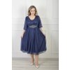 Tmavomodré midi spoločenské šaty s jemným trblietaním a zdobeným pásom 22605